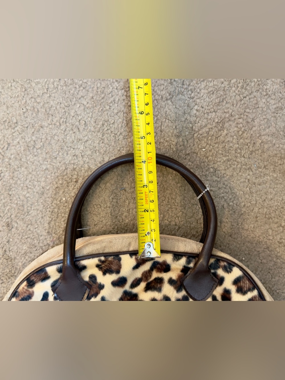 Leopard Print Faux Fur Small Satchel Handbag - Brown & Cream - Picture 5 of 6